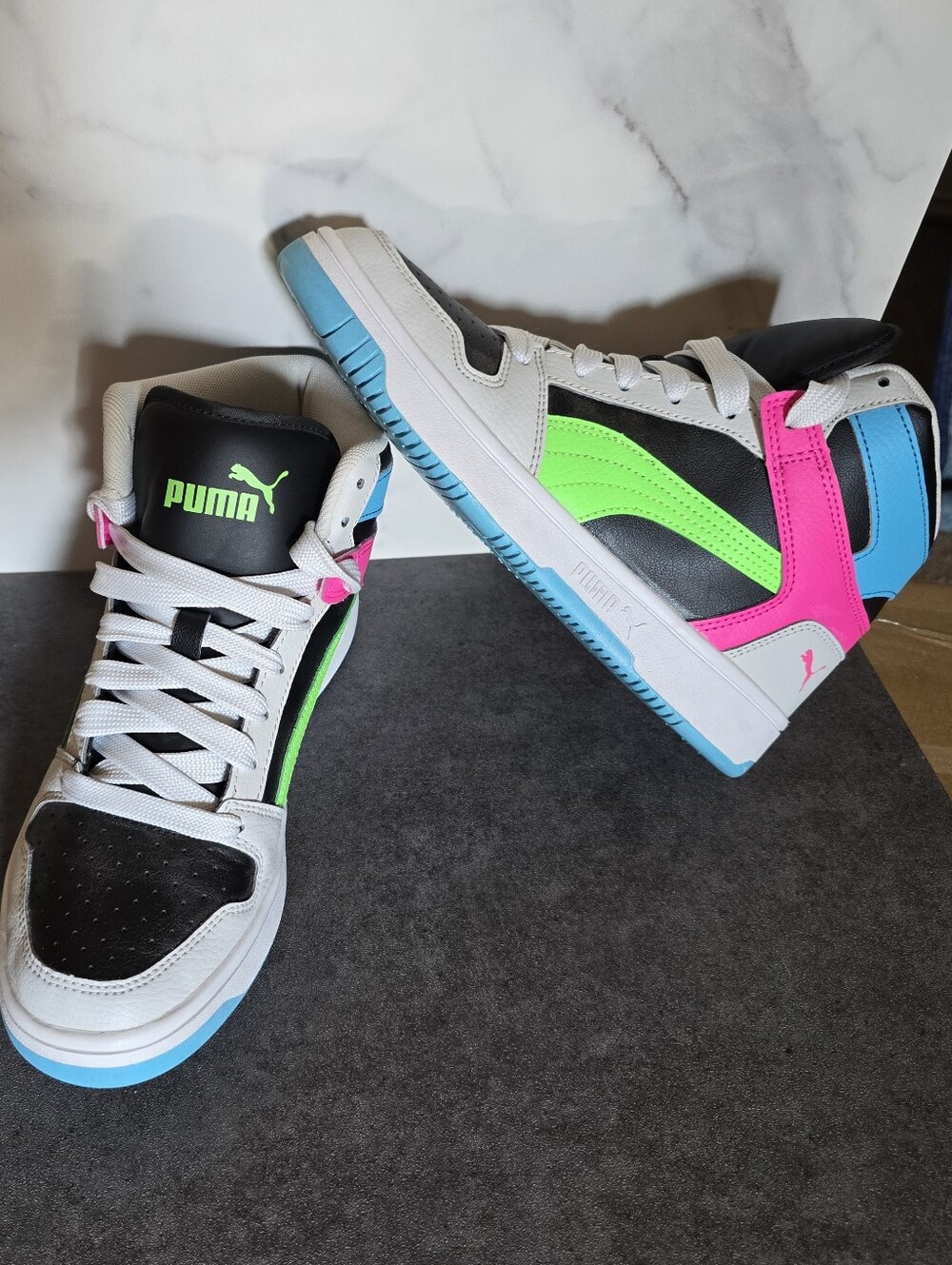 Puma Black White Neon Green Pink & Blue High-Top Sneakers